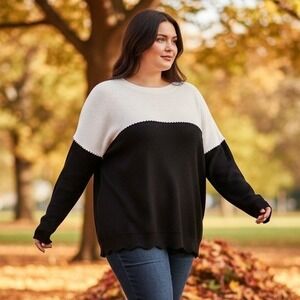 Dokotoo Womens XL Colorblock Ribbed Knit Sweater Black White Scallop Trim New